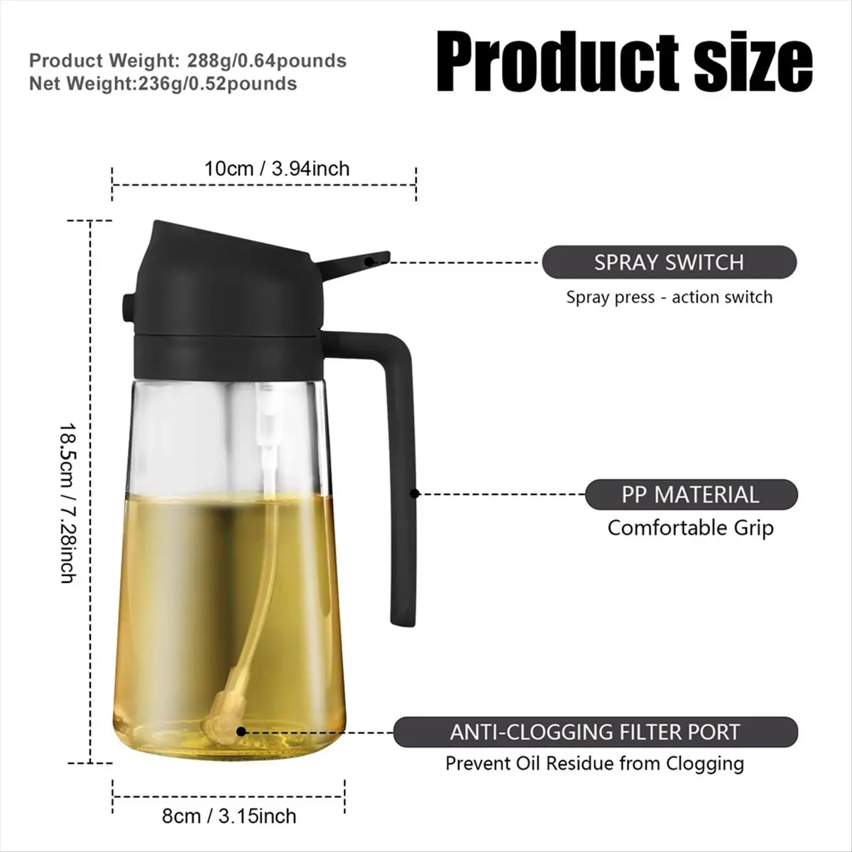 (A14E) 2-in-1 Glass Oil Dispenser, Suitable for Kitchen Cooking and Air Fryer Accessories, Push-Type Without Oil