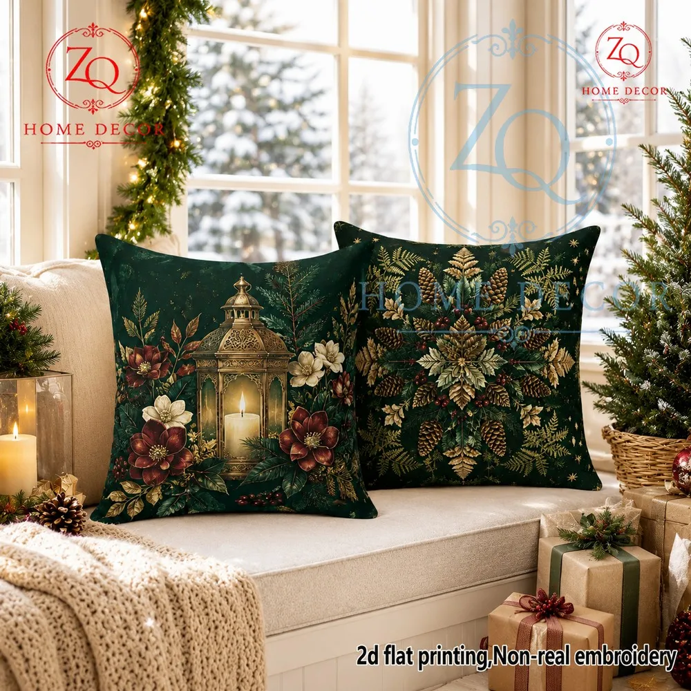 The dark green base color paired with gilded lamps winter floral arrangements pine cone snowflake pterns crees