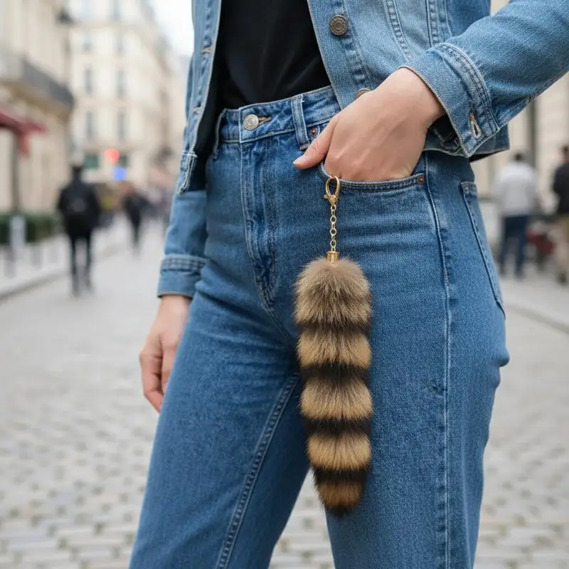 Cute Plush Raccoon Tail Keychain - Fluffy Furry Animal Pompom Keyring, Soft Bag Charm Decor & Backpack Accessory