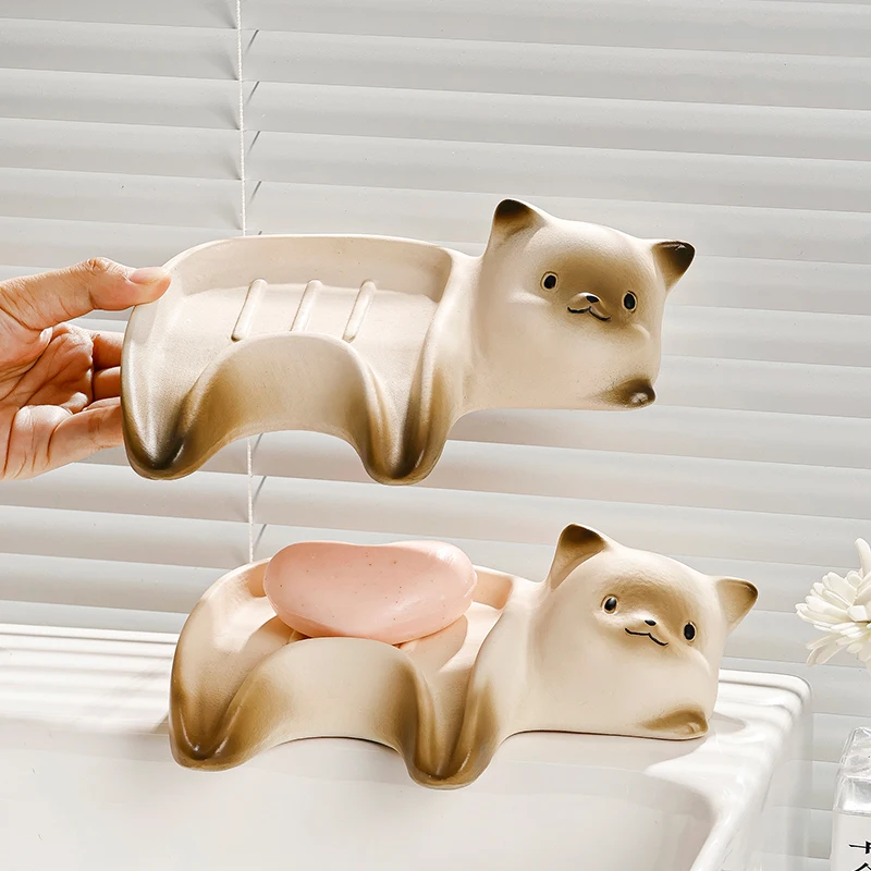 WHYOU Ceramic Cat Soap Dish Holder Drain Portable Home Bathroom Hotel Soap Box Tray Bathroom Accessories Crafts Gift