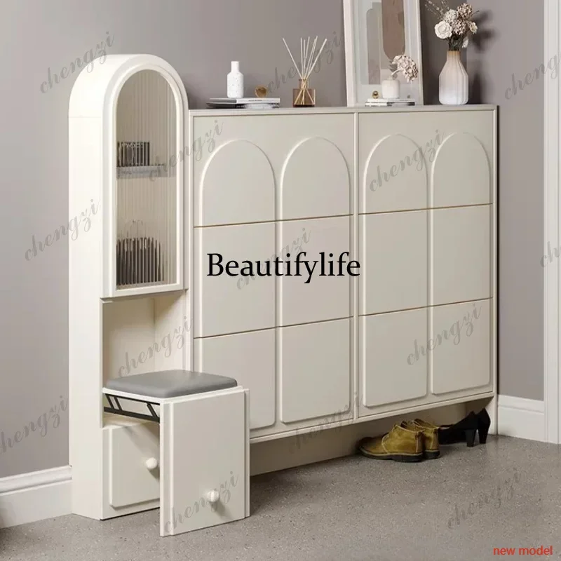 N138Cream Style Ultra Thin Flip Top Shoe Cabinet Entryway Narrow 17cm Storage Bench Hallway Furniture Wall Mounted Organizer
