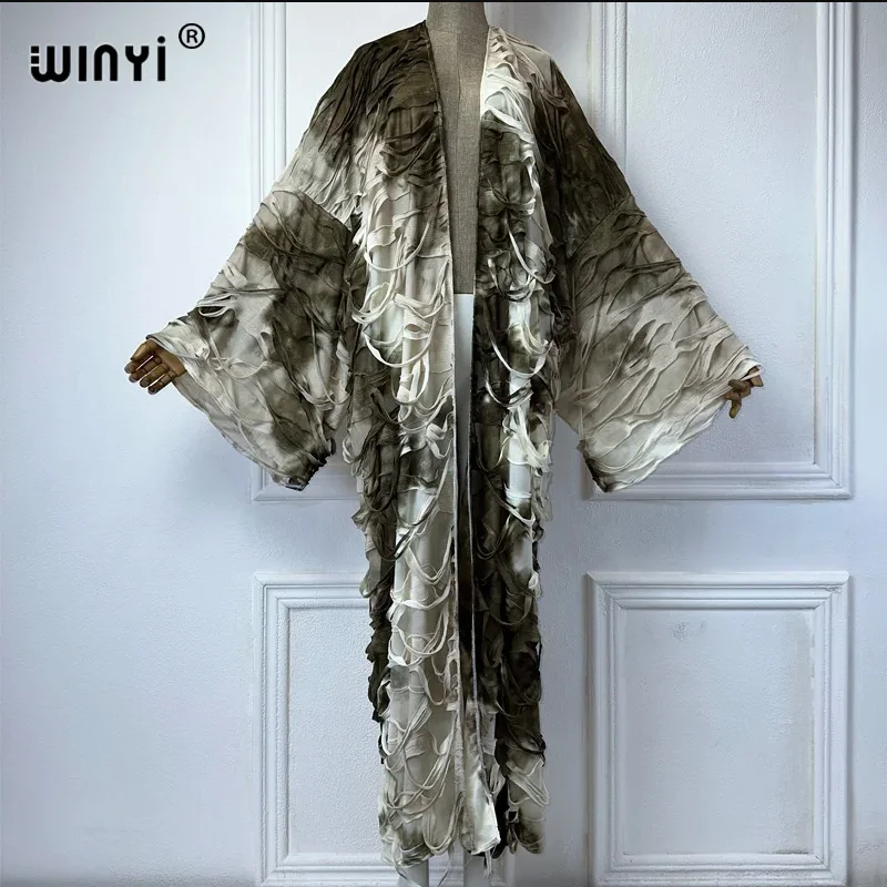 WINYI-Kimono de pasarela para mujer, abrigo con dobladillo de burbuja estampado, cárdigan de manga larga, ropa de playa de lujo abaya de Dubái, vestido bohemio caftán