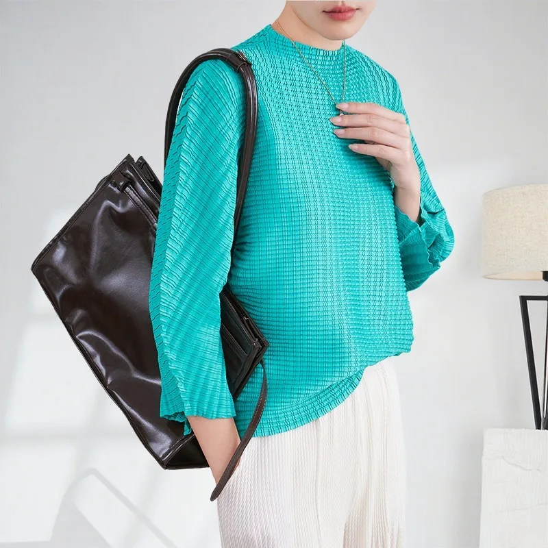 

Miyake плиссированная блузка с длинными рукавами, женская футболка, новинка 2025, осень, пуловер с рукавами «летучая мышь», эластичная женская одежда, складная