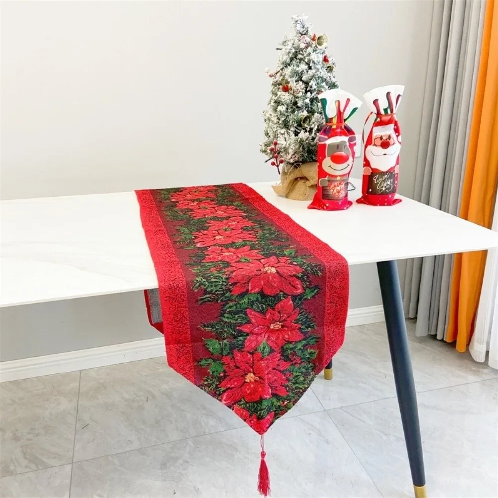

Household Tassel Christmas Table Runner Printed Long Table Cover Rectangle Table Flag Snowman Tablecloth Festival Party Supplies