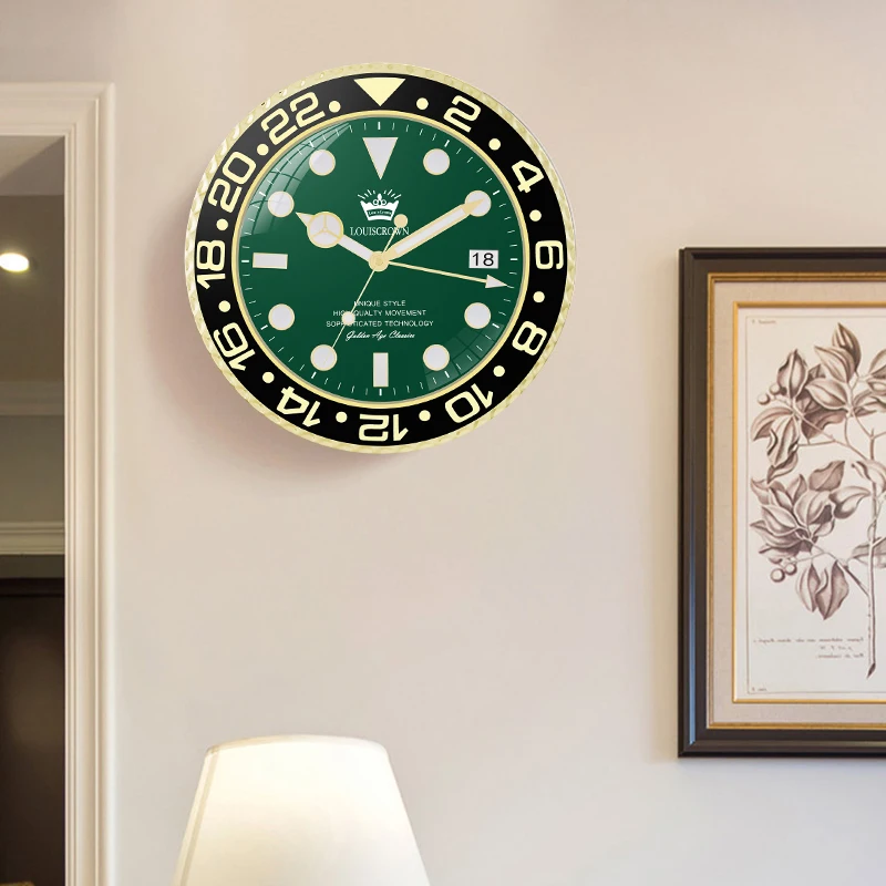 Fashion Personality Creative Wall Clock Green Round Luminous Clock Living Room Mute Calendar Quartz Wall Clock Home Decoration