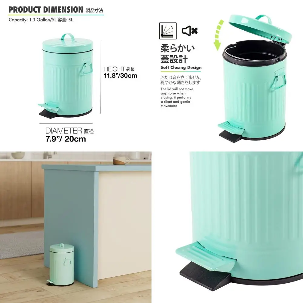 

Vintage-Style Step Trash Can with Soft Close Lid, 5L Mint Green Waste Bin for Home or Office