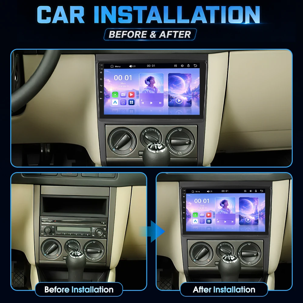 Autoradio stereo Podofo da 9 pollici per VW Volkswagen Golf 2004-2008/Bora 2004-2006 con CarPlay wireless, Android Auto, Bluetooth, Mirrorlink, lettore multimediale video