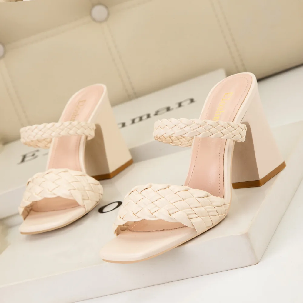 Big Size Thin Heels Peep Toe Slippers Casual Shoes Woman 2024 Heeled Mules Luxury High Scandals Fretwork Slides PU Fabric Fashio