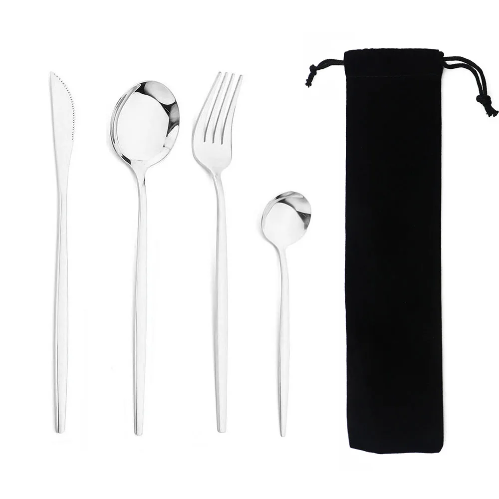 Portable 4Pcs Dinnerware Set Stainless Steel Tableware Cutlery Western Knife Fork TeaSpoon Kitchen Dinner Flatware Set with Bag