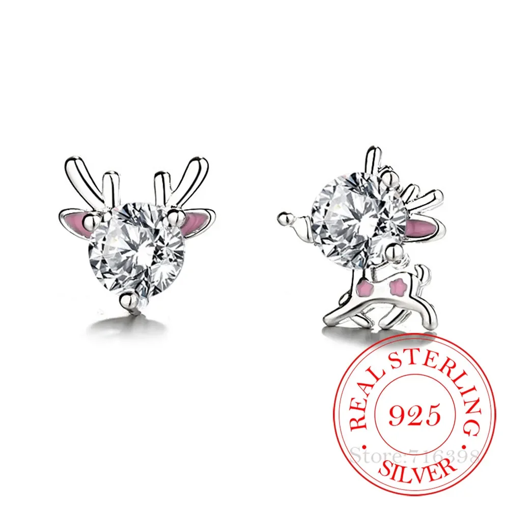 925 Sterling Silver Crystal Cute Pink Fawn Deer Stud Earrings For Women Korean Wedding Party Jewelry Gift Female Pendientes