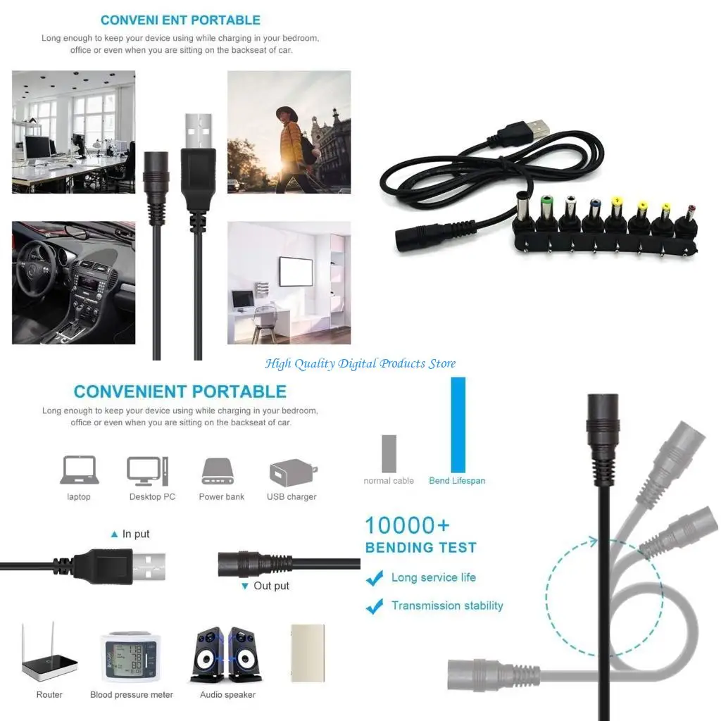 

U2JE USB USB5V to DC5521 Converter Cable 5V to DC9V 12V 5.5x2.5mm 8 Tips