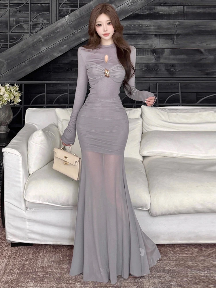 Vestido de noche ajustado de manga larga de tul gris para mujer, vestido de noche con nudo recortado, dobladillo de sirena, elegante, de lujo, para fiesta de graduación