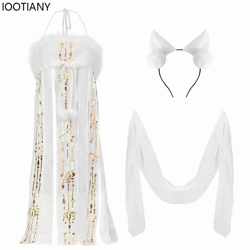 Vintage Chinese Style Hanfu Suspenders Cosplay Sexy Adult Ladies Tube Top Slit Sequined Bow Perspective Tassel Dress Retro Cloth