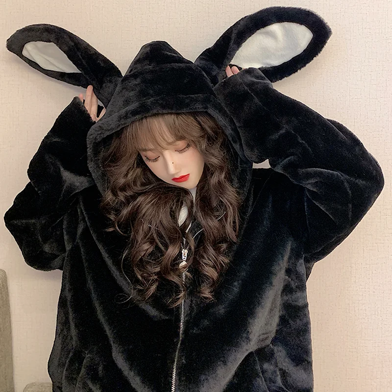 Autumn and Winter Gothic Harajuku Couple Hoodie Cute Rabbit Ears Black Hooded Jacket Ladies Sweet Korean Loose Warm Plush Coat