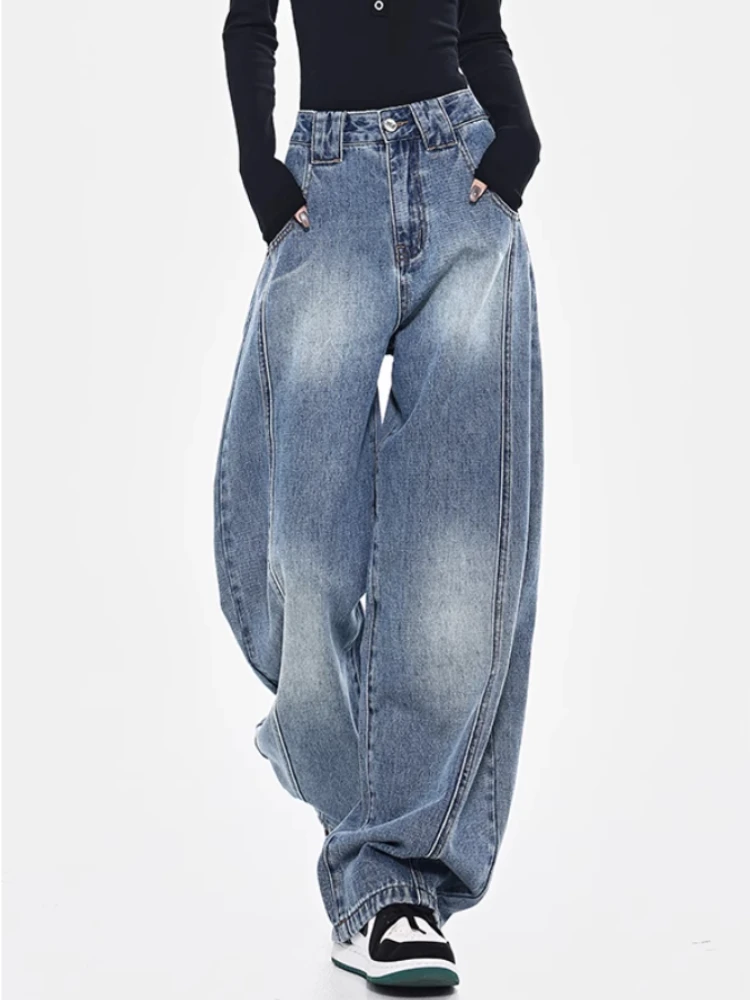 90s Blue High Street Loose Jeans Women American Style Vintage Wash Wide Leg Slacks Trousers Basic Simple Casual Chic Baggy Pants