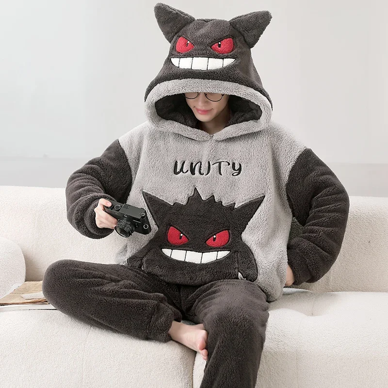 Winter Korean Pijama Sets for Men 2PCS Adult Loose Cartoon Anime Sleepwear Hooded Pyjama Male Loungewear Thicken Soft Pijamas