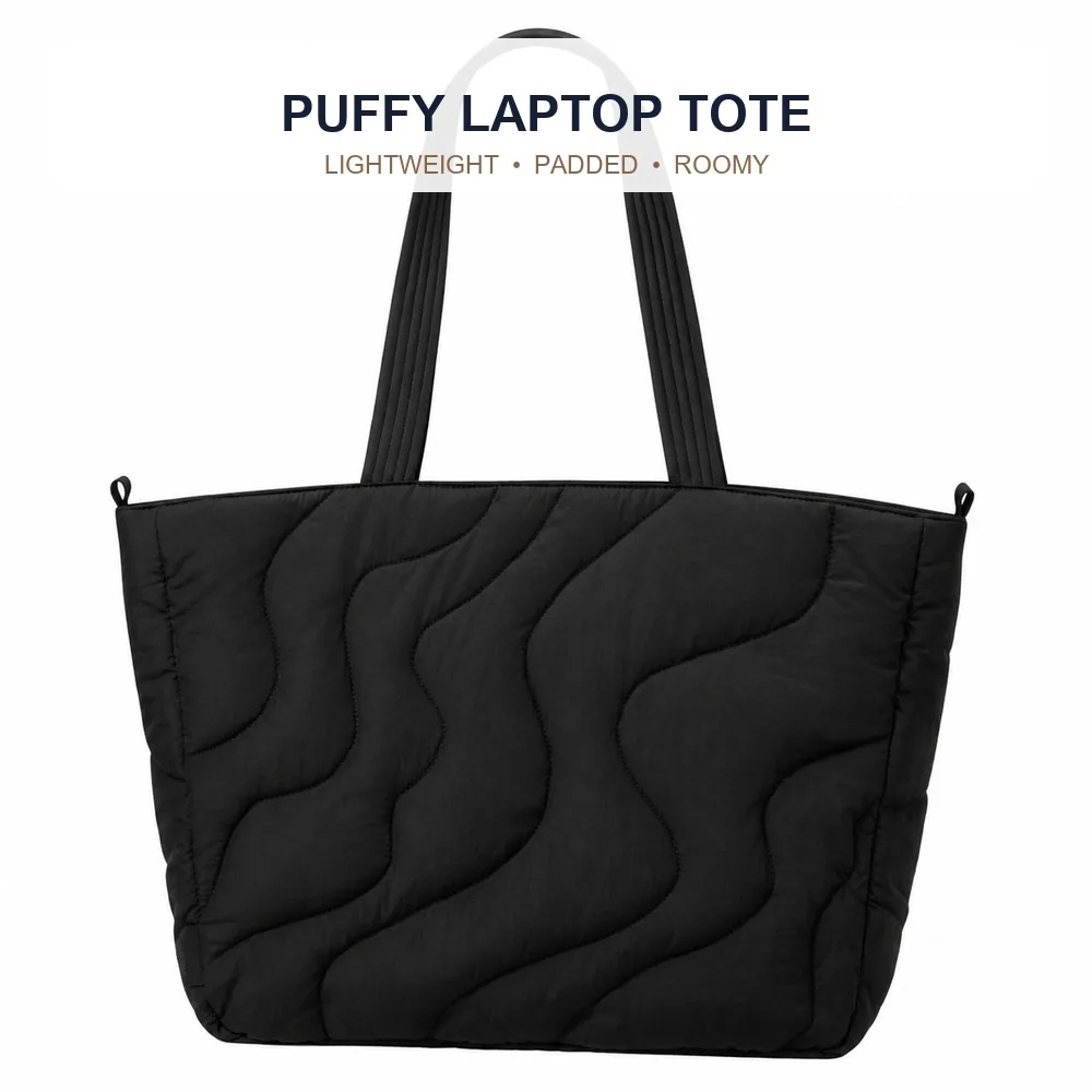 Women's Puffy Laptop Tote Bag, Quilted Large Capacity Work Handbag with Padded Compartment and Luggage Strap for Travel