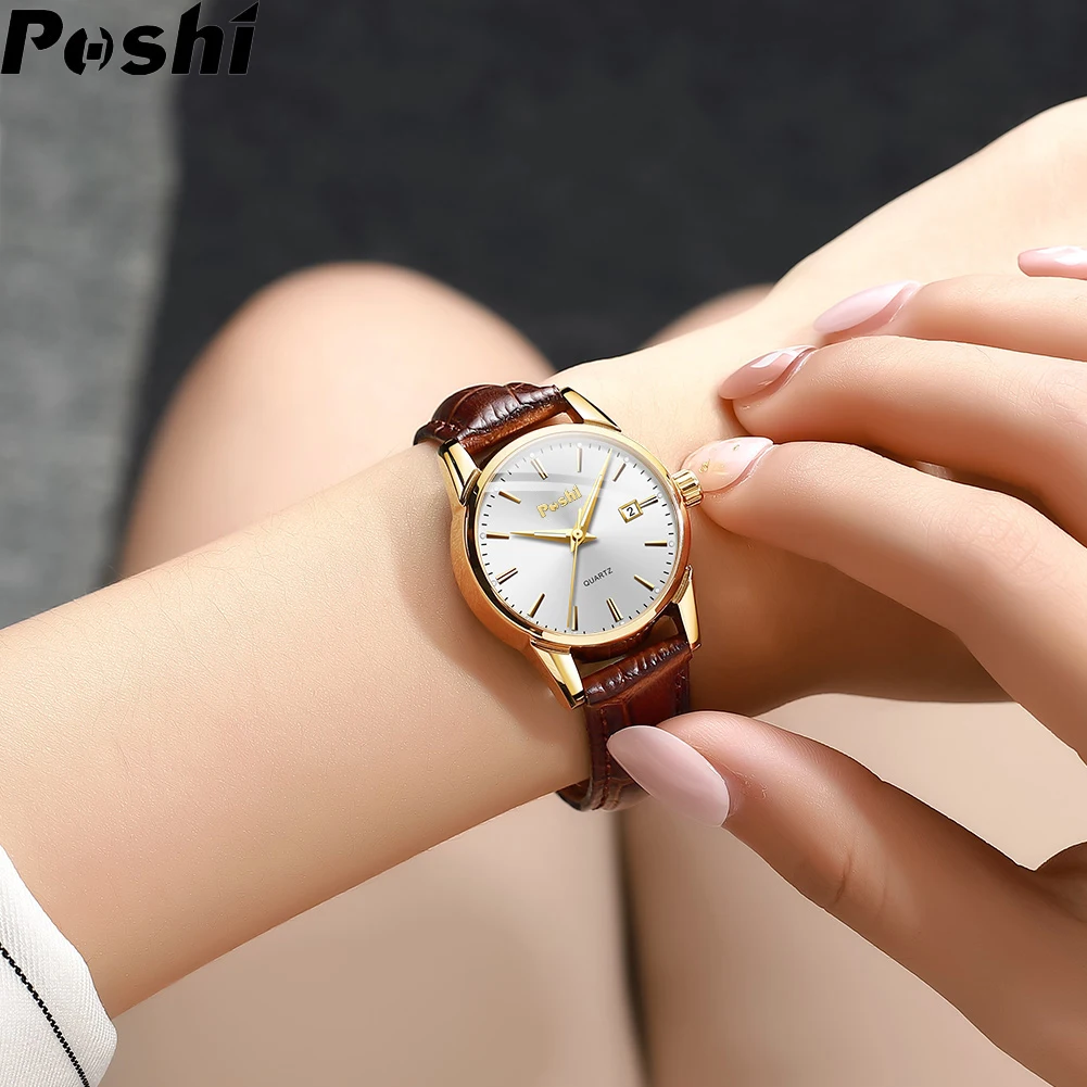 POSHI Fashion Watch for Women Luxury Leather Strap Simple Quartz Watches Original Design Waterproof Calendar Casual Laides Clock