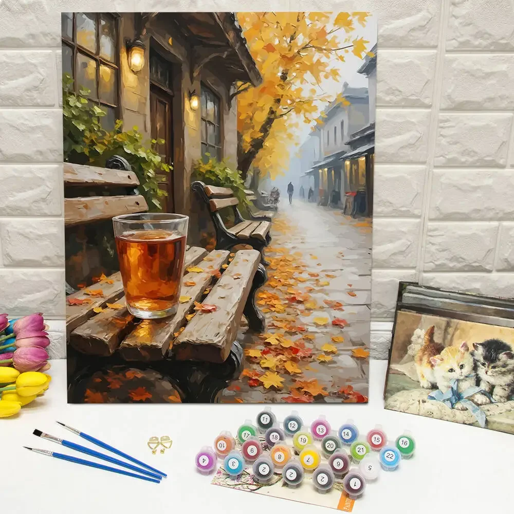 

DIY Oil Painting By Numbers Tea Drink Glass Coloring By Numbers Maple Leaf Digital Oil Painting Autumn Scenery Decor For Home