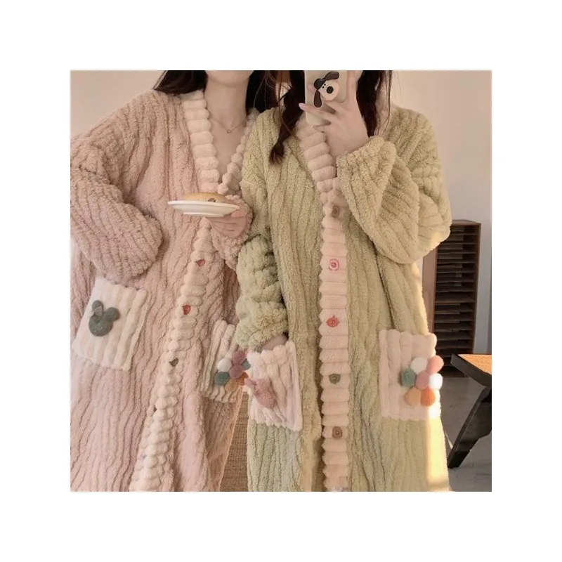 New Fashion Warm Robe Women Button Sleepwear Nightdress Winter Night Wears Pajama Nightgown Long Sleeve Warm Fleece Homewear