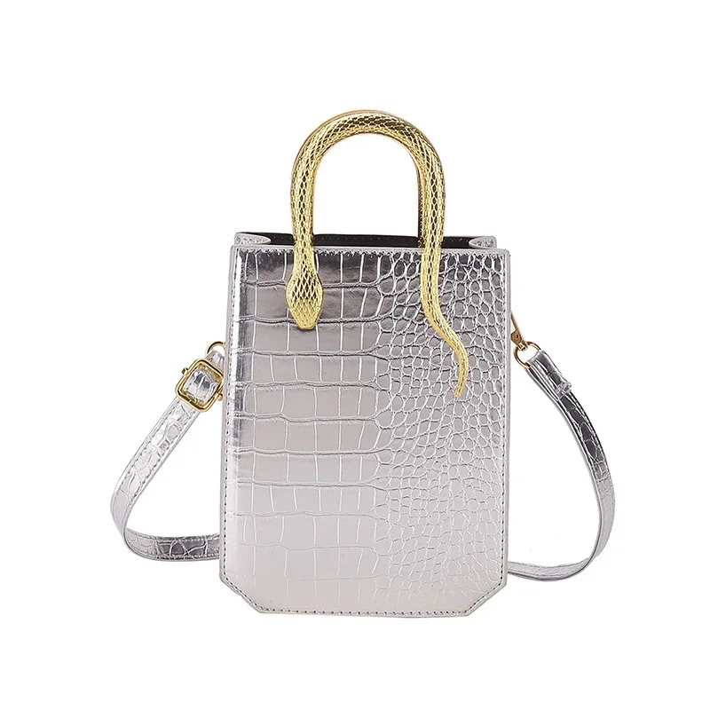 Solid Fashion Square Handbag Crocodile Pattern Leather Metal Handle Shoulder Bags Evening Bag Banquet Small Square Tote