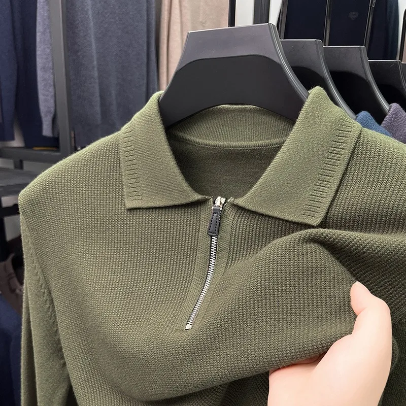 Men Winter Half Zip Lapel Sweater Knit Jacquard Casual Knitwear Middle Age Basic Long Sleeve Undershirt