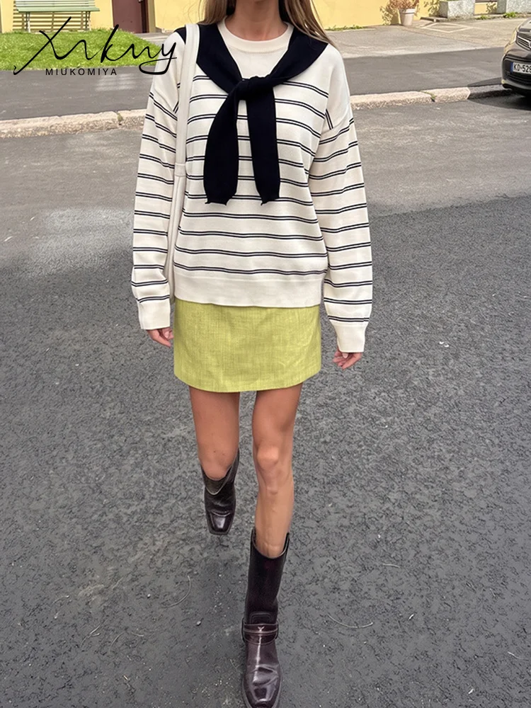 Oversized Striped Sweaters For Women Autumn 2 Sets Sailor Collar Coffee Pullovers Ladies White Jumpers O Neck Warm Sweaters Blue view 2