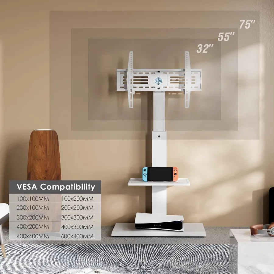Boden-TV-Ständer mit drehbarer Neigungshalterung für 32 bis 75-Zoll-LCD-LED-Fernseher. Robuste Eisenbasis mit verstellbarer Ablage, universelles Design
