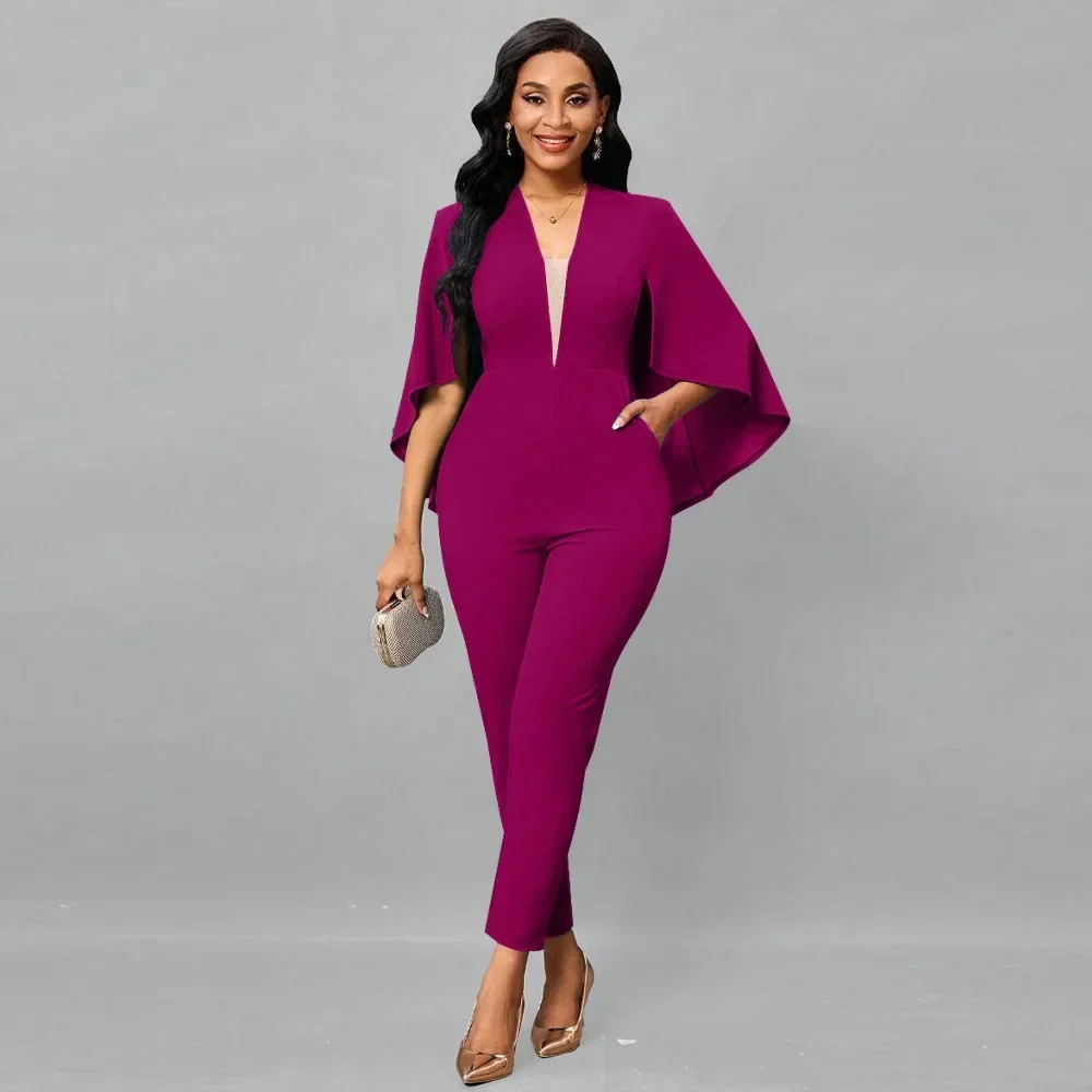 Elegant Casual Professional Women's Jumpsuit Solid Color V-Neck Waistband Sexy Bat Sleeve Jumpsuit Elegant Office Ladies Clothes