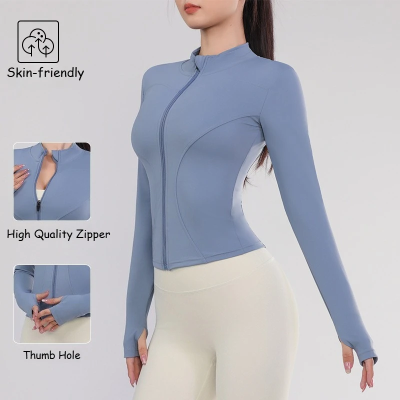 Damen-Trainingsjacke, dehnbar, eng anliegend, mit Reißverschluss vorne, langen Ärmeln, für Laufen, Yoga, schlankmachend, Stehkragen, schnelltrocknend, Sportbekleidung – Detail 3