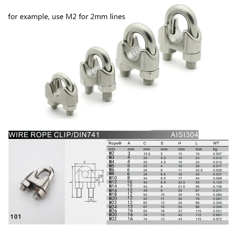 U type Clamp Wire Clips M2/3/4/5/6/8/10/12/14mm Rope Clip Cable Bolts Rigging Hardware clamps 304 Stainless Steel