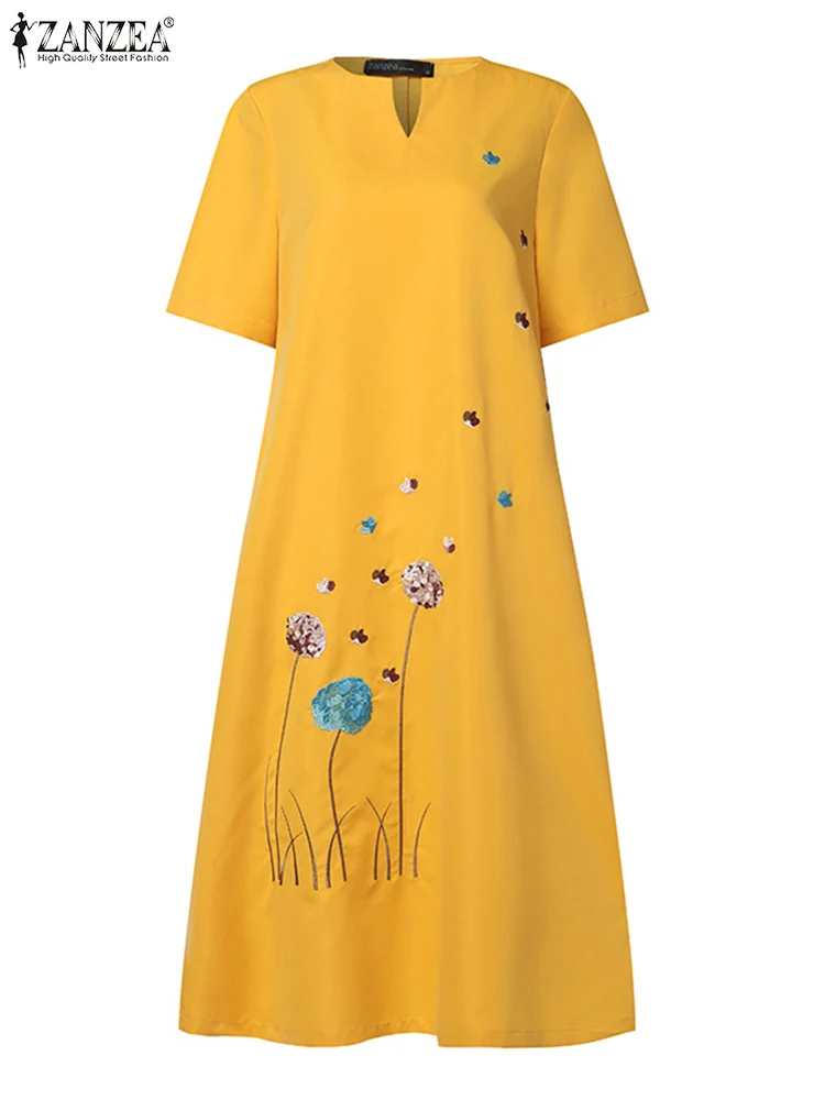 ZANZEA Short Sleeve V Neck Midi Dress Casual Leisure Holiday Women Sundress Floral Embroidery Vintage Summer A-line Vestidos