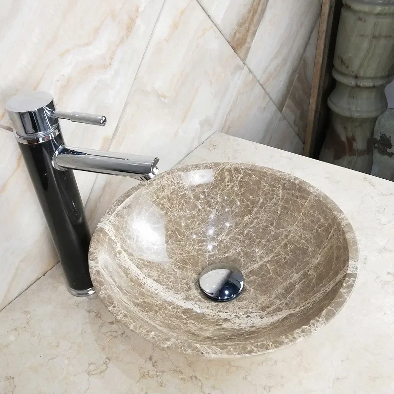 35cm Round Marble Vessel Sink Stone Countertop Basin Small Bathroom Washbasin Modern Chinese Style Lavatory Bowl