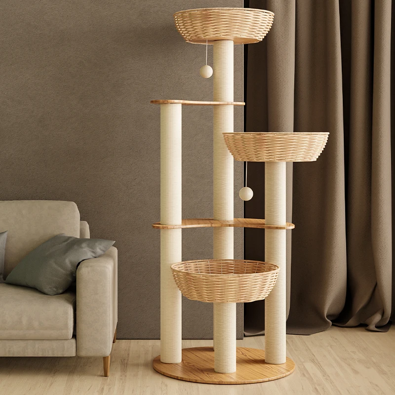 Solid Wood Cat Tower Tree Nest Game Climbing Frame Hammock Scratching Post Cats Mat Sofa Products Pet Products for Kittys