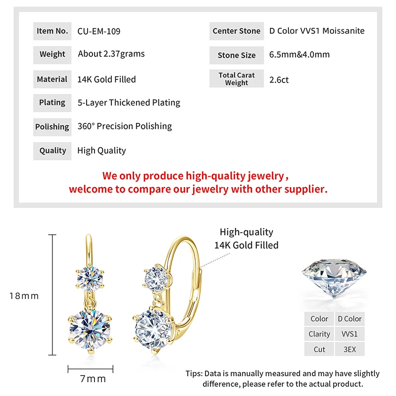 Lnngy GRA Certified Moissanite Dangle Earrings For Women 14K Gold Filled 6.5mm&4.0mm Lad Diamond Leverback Earring Jewelry