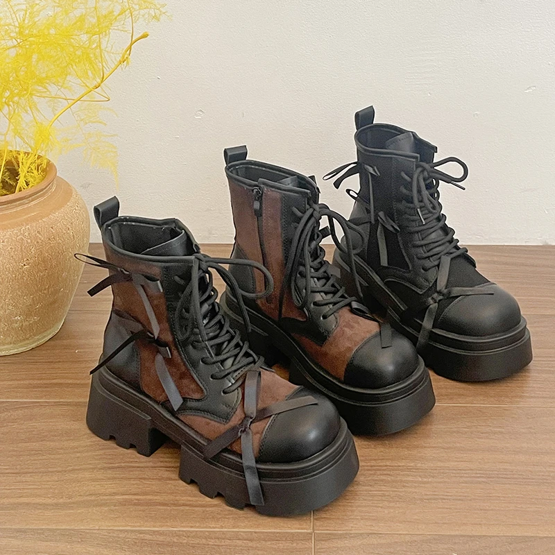 Thick-soled Bow Boots for Women 2026 Autumn New Versatile British Style Leather Shoes