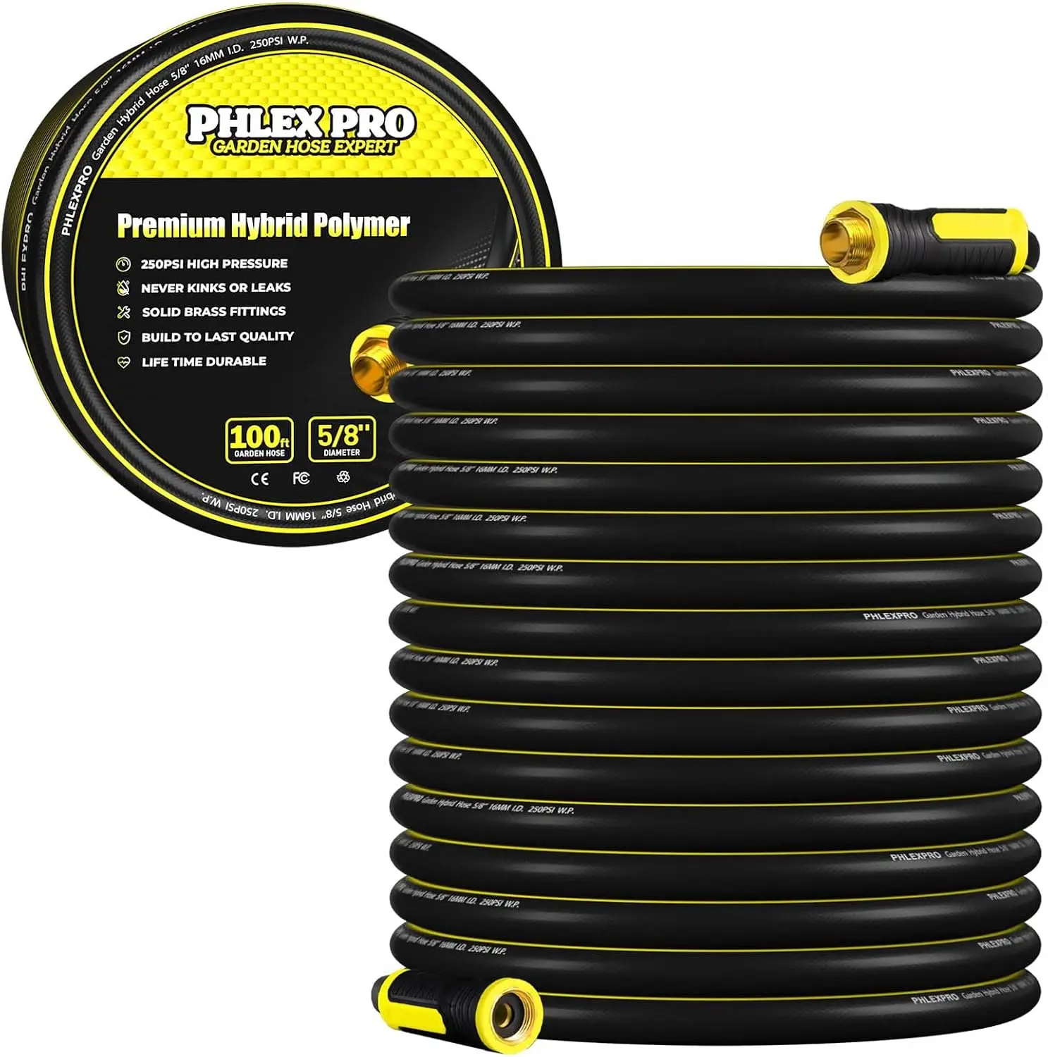 

100FT Heavy-Duty 5/8" Rubber Water Hose with Brass Fittings, Lightweight & Kink-Free, Green