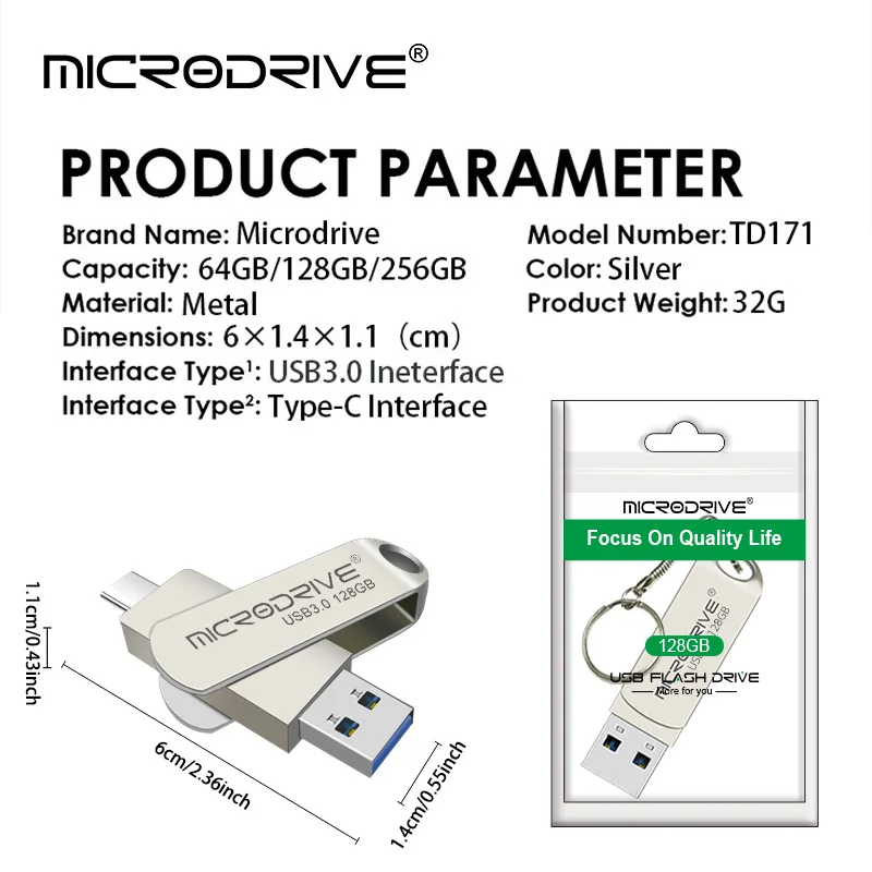 MicroDrive USB3.0 Flash Drive type-c 2 in 1 Pen drive TYPE-C Memory Stick 64GB 128GB 256GB U Disk image 6