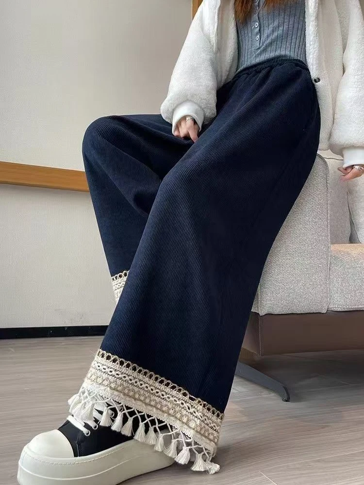 코듀로이 와이드 레그 팬츠 여성 빈티지 하이웨이스트 태슬 두꺼운 캐주얼 바지 가을 겨울 한국 심플 오피스룩 신상 팬츠