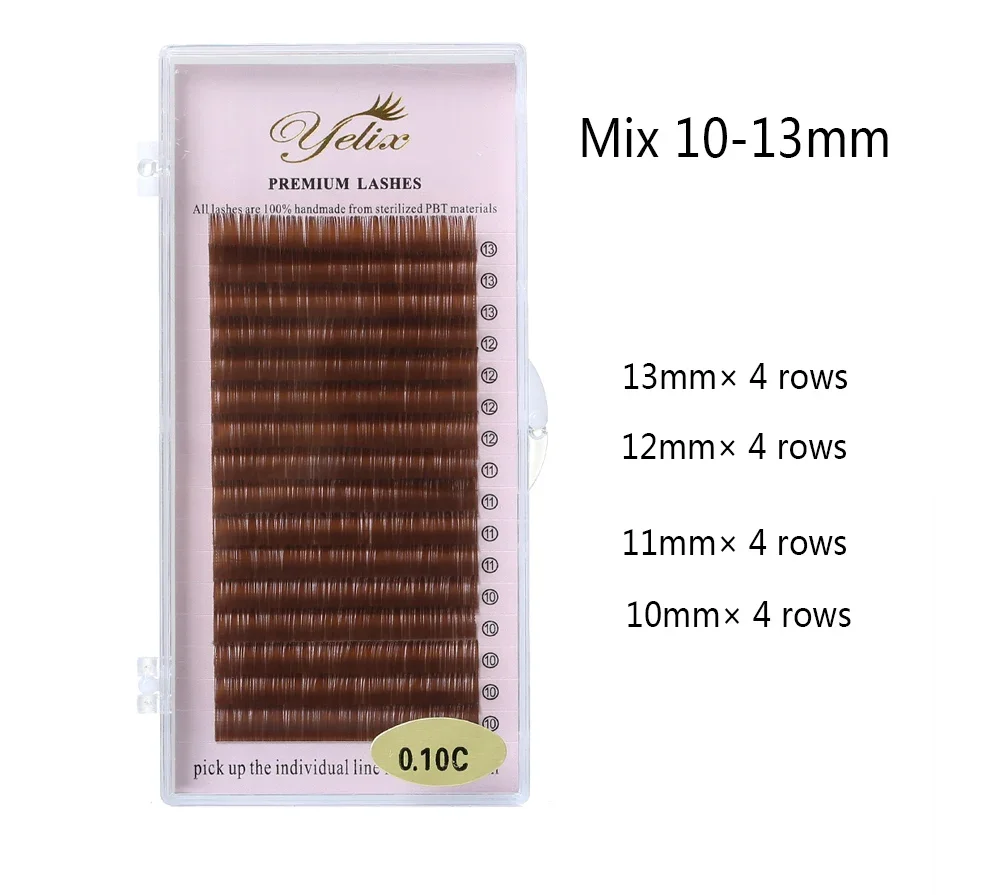 Yelix 10-13mm Mixed Tray Light Brown Silk Eyelash Extensions Professional Synthetic Mink Lashes Semi-permanent False Eyelashes