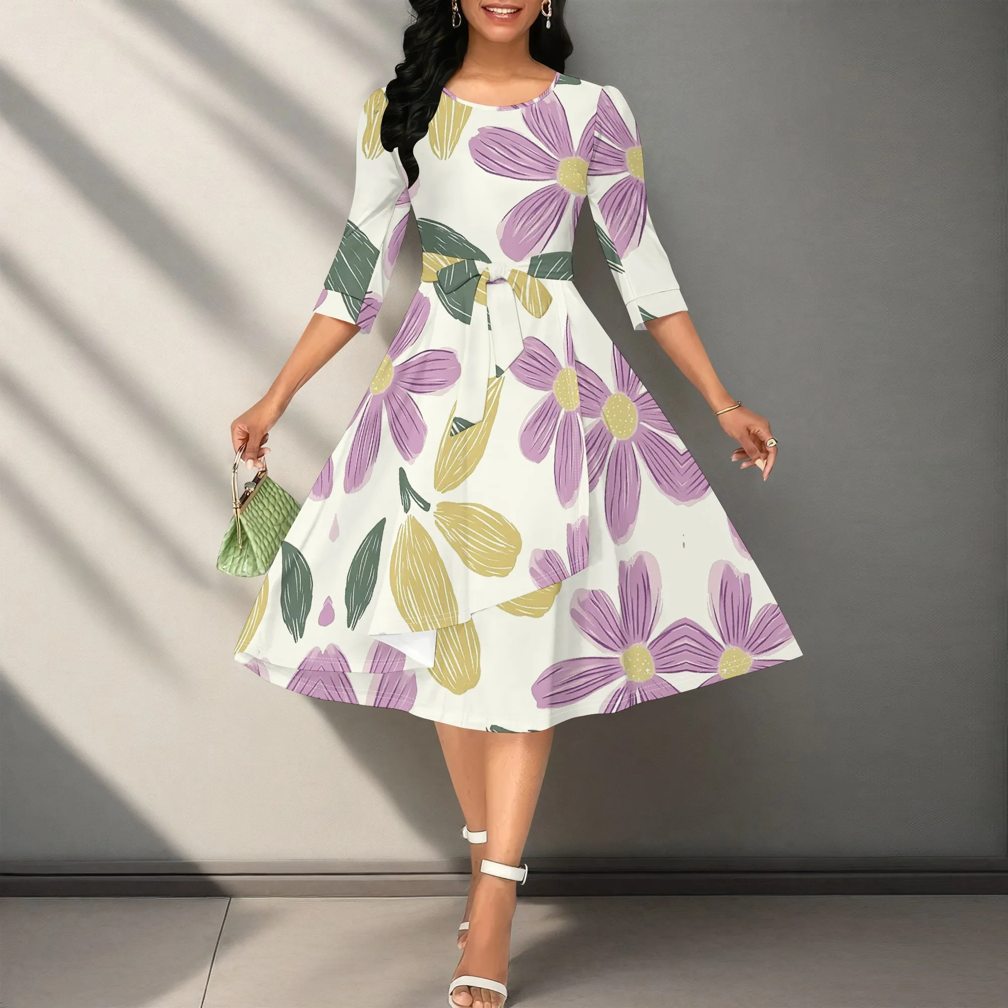

Floral Print A-Line Midi Dress Women Elegant Three Quarter Sleeve High Waist Belted Party Office Dress 2025