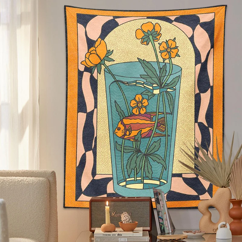 VIKAMA Retro-Aquarium-Blumen-Wandteppich, psychedelischer Wandteppich im 70er-Jahre-Stil für Schlafzimmer, Wohnzimmer und Bohemian-Heimdekoration