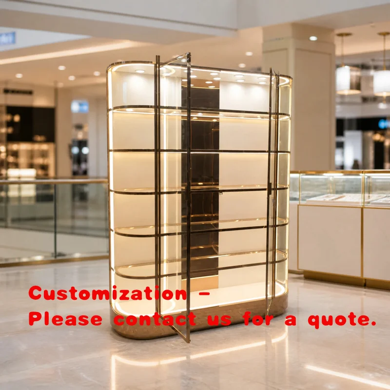 custom.Custom Brushed Stainless Steel Glass Display Cabinet Jewelry Watch Handbag Figurine Wall Showcase Island Display Rack
