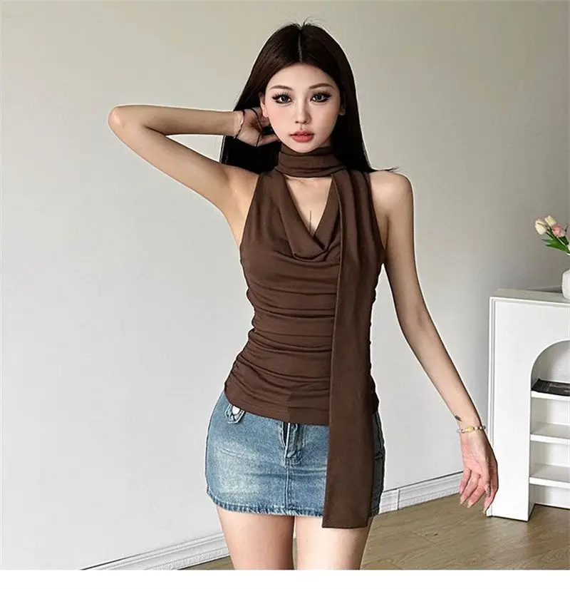 

Women's Sexy Sleeveless V-Neck Solid Tank Top Fashion Bandage Streetwear Casual Slim Fit Elegant Knitted Summer Lady's Clothing