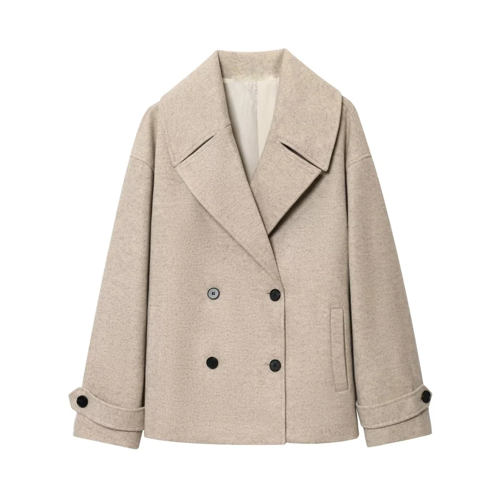 

New autumn and winter women's clothing style double breasted lapel long sleeved double breasted short version coat jacket