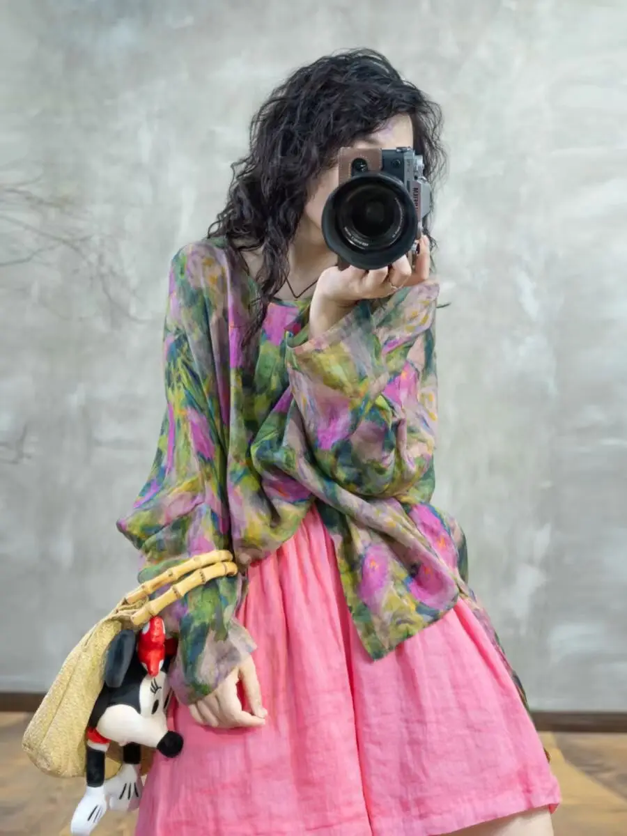 

Loose Cotton Linen Women's round Ne Printed irt Spring Summer New Sle Retro Flax Loose Fit Svel T Top