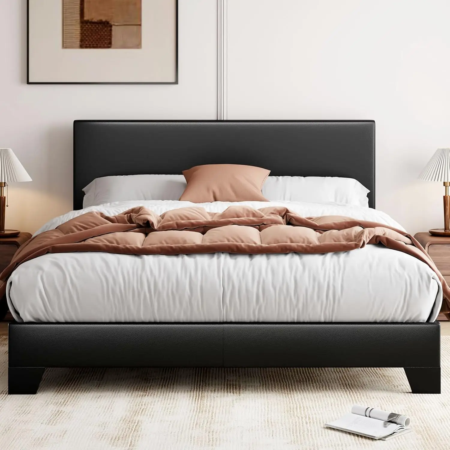 

Full Size Bed Frame with Adjustable Headboard, Faux Leather Platform Bed with Wood Slats, Heavy Duty Mattress Foundation, Black