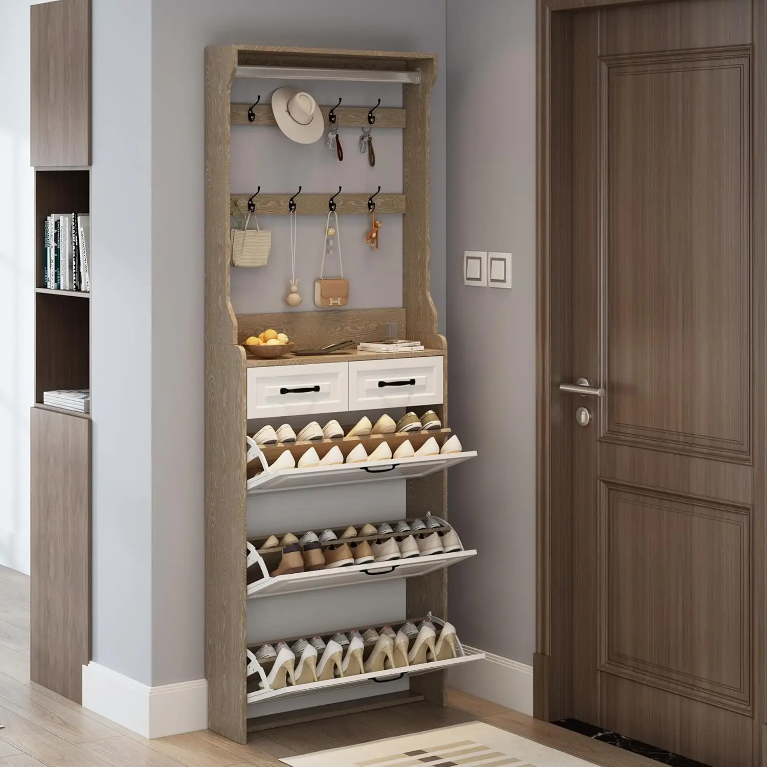 Multi-Functional Shoe Cabinet: 3 Doors, 2 Drawers, and Hanger with PVC Shaped Doors. (Oak), W1320137989