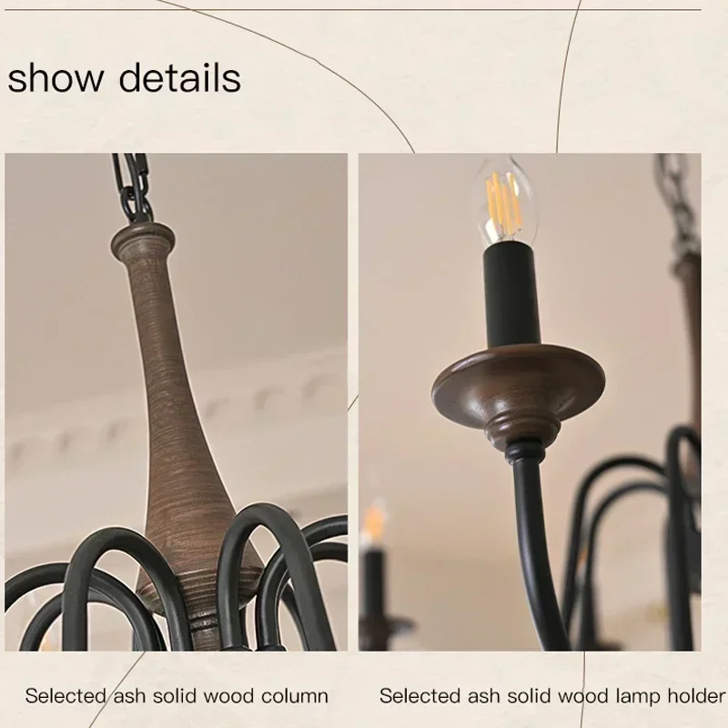 

Home Decoration Salon Chandeliers Nordic Retro Solid Wood Wrought Iron Candle Led Lights Bedroom Living Room Dining Pendant Lamp
