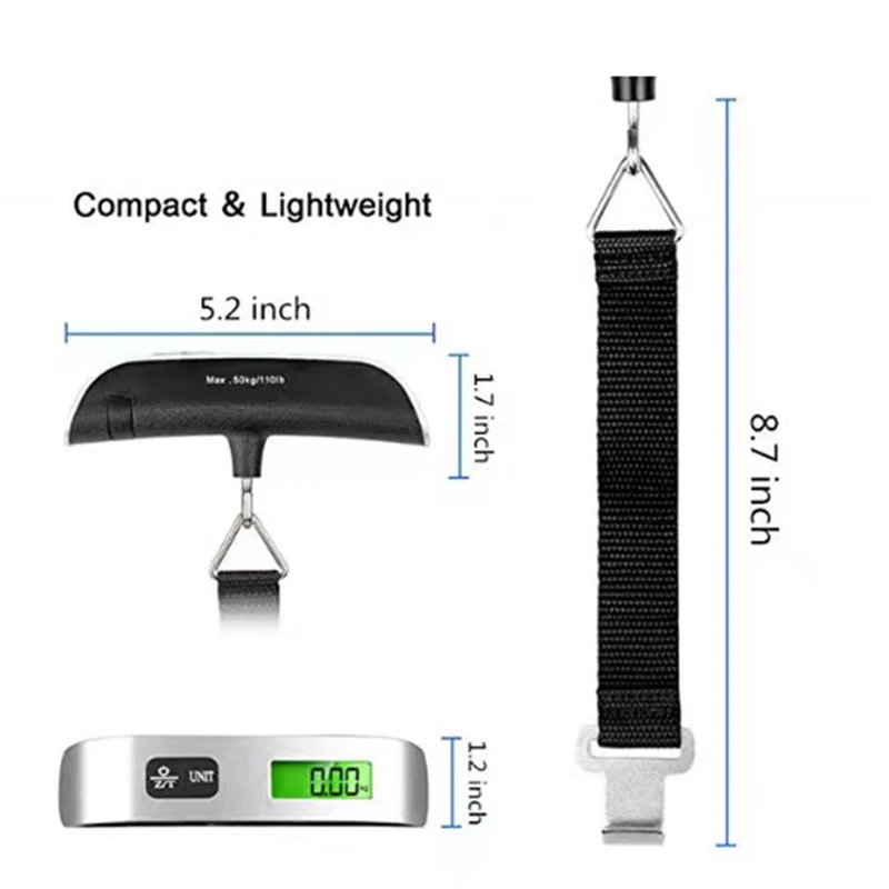 Tragbare Waage, digitales LCD-Display, 110 lb/50 kg, elektronisches Gepäck, hängender Koffer, Reisegewicht, Gepäcktasche, Gewichtsbalance-Werkzeuge